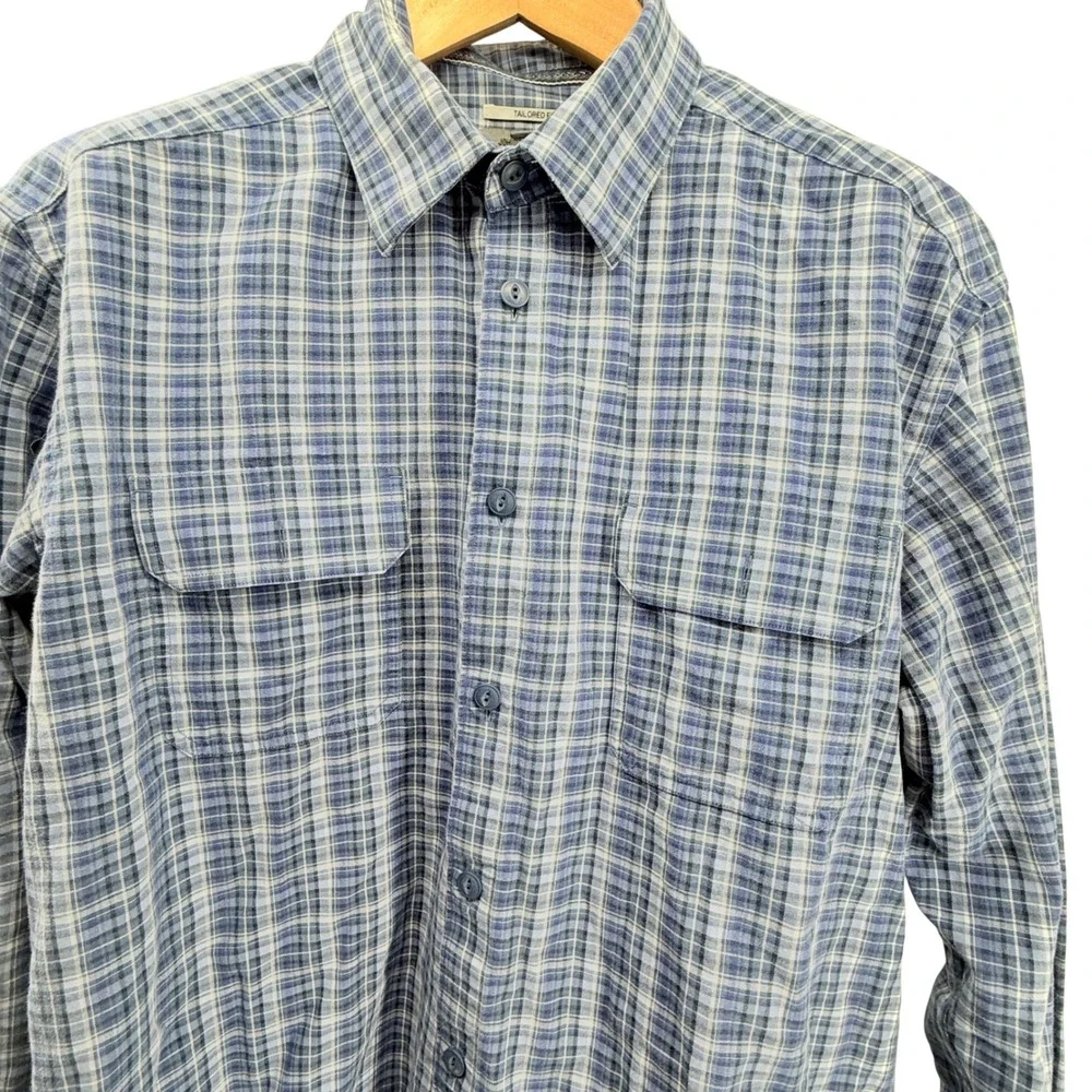 Johnston & Murphy Blue Plaid Textured Flannel Tailored Fit  L/S Shirt Size XL‎